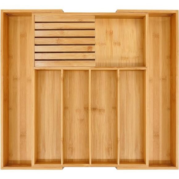 Bamboo Silverware Drawer Organizer Expandable Utensil Tray with Knife Block